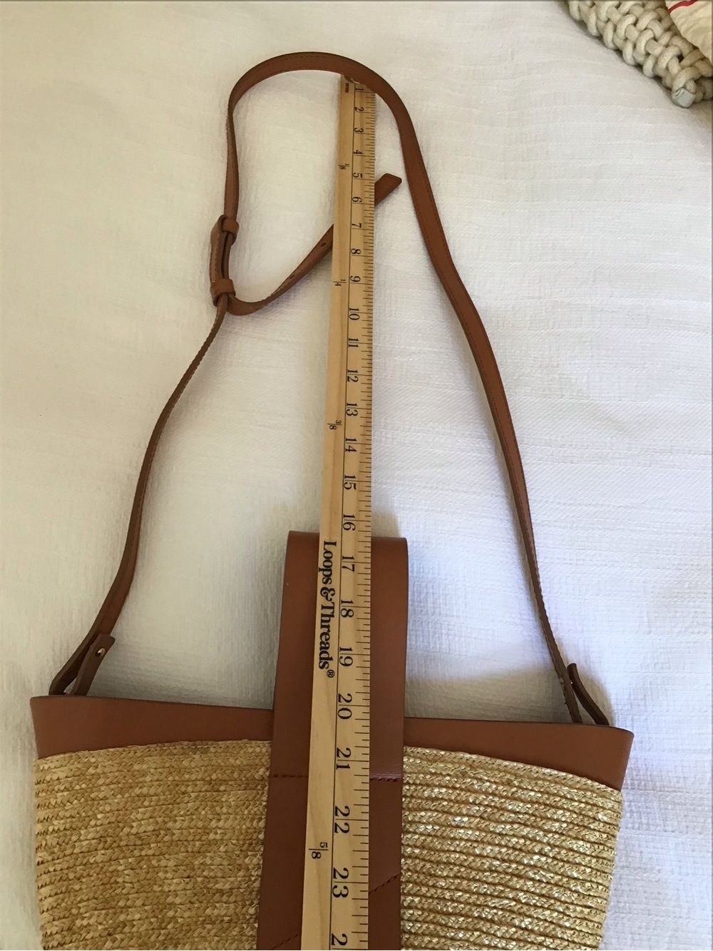 Leather-Trim Straw Bucket Crossbody Bag in Tan - Picture 9 of 11